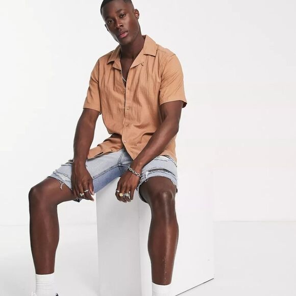 Only & Sons revere seersucker shirt in brown Size S in Brown NWT and in packagin - Picture 4 of 8